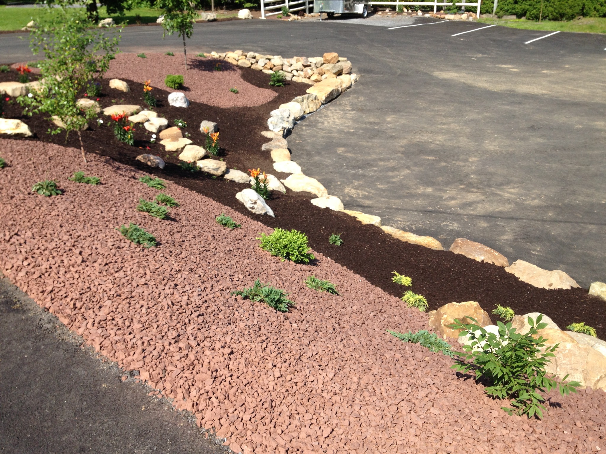 Commercial landscape island installation with stone border and mulch detail